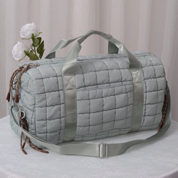 Sage Quilted Puffer Weekender Bag | Travel Duffel Tote Carry-On Gym Bag - Picture 1 of 1